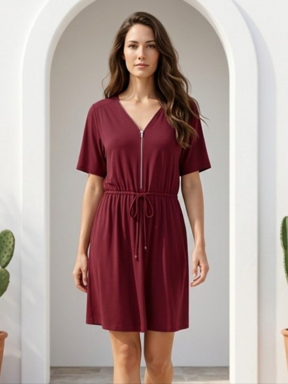 Bloomchic Zip-Front Drawstring Short Dress in Deep Red Size 20